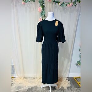 Hush Kiana Elegant Black Midi Dress with Puff Sleeves